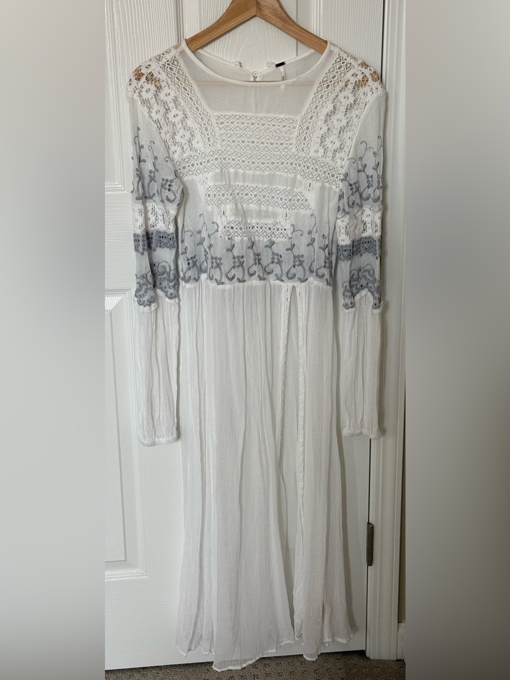 Free People White Maxi Dress with Gray Embroidery